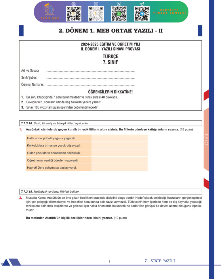 7. SINIF 2. DONEM 1. YAZILI CEVAPSIZ Kitap Kapağı