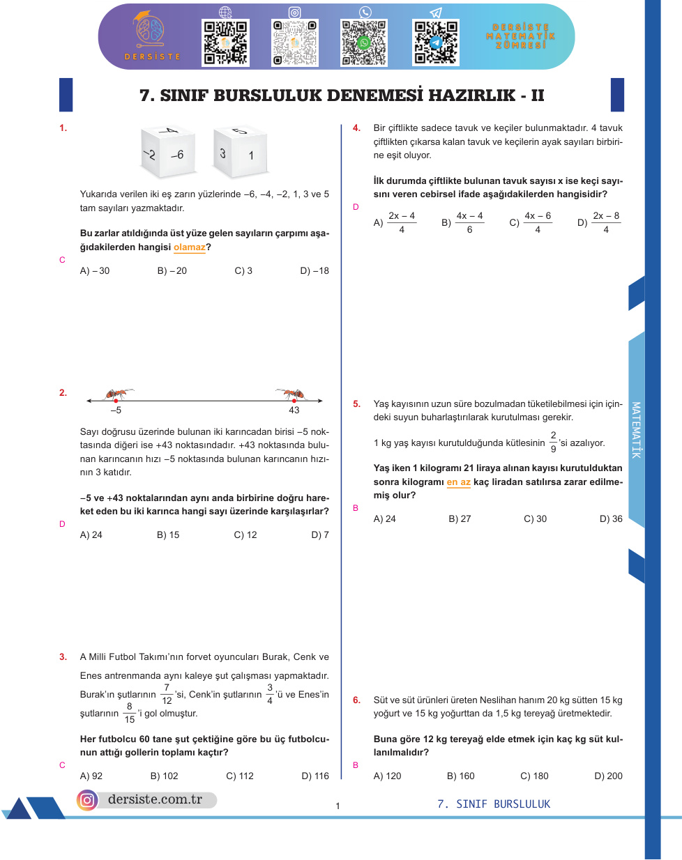 7. Sınıf Bursluluk Doküman Matematik 2 PDF İndir – Komisyon