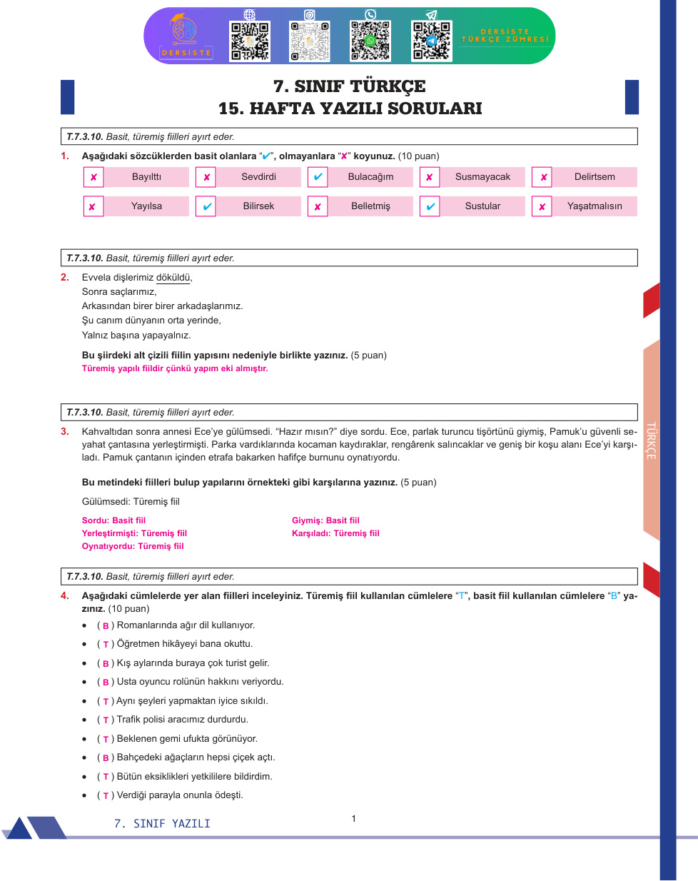 7. Sınıf Ders İşte Haftalık Yazılı Türkçe 15 PDF İndir – Komisyon
