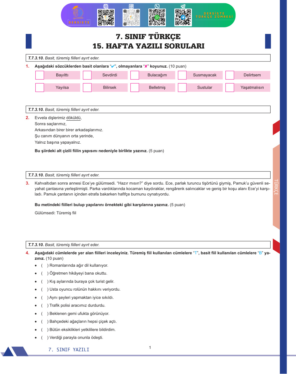 7. Sınıf Ders İşte Haftalık Yazılı Türkçe 15 Cevapsız PDF İndir – Komisyon