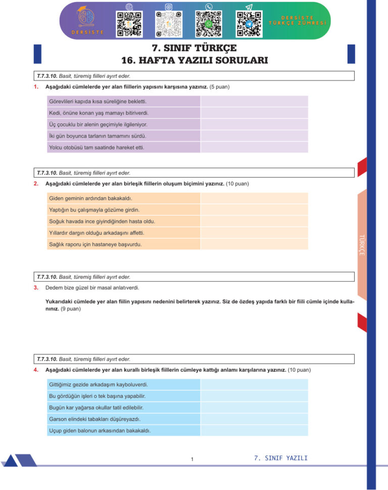 7. SINIF DERS ISTE HAFTALIK YAZILI CEVAPSIZ Kitap Kapağı