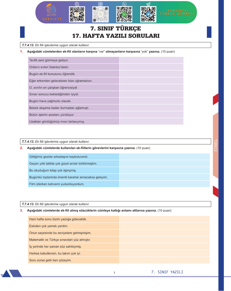 7. Sınıf Ders İşte Haftalık Yazılı Türkçe 17 Cevapsız PDF İndir – Komisyon