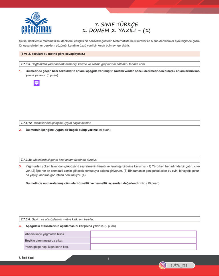 7. SINIF TURKCE 1. DONEM 2. YAZILI CEVAPSIZ Kitap Kapağı