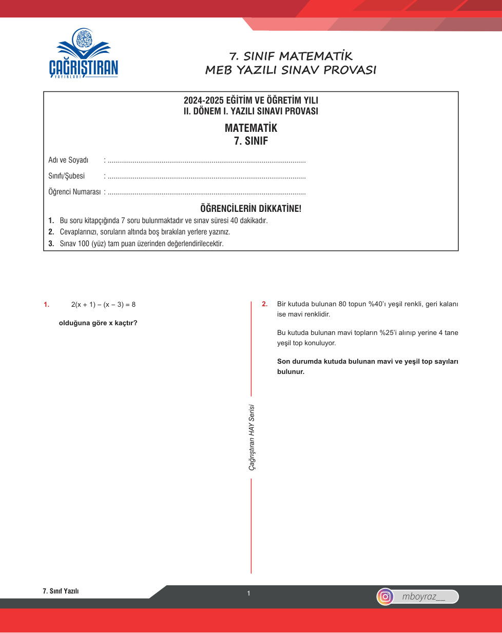 7. Sınıf Yazılı Sınav Provası 7 PDF İndir – Komisyon