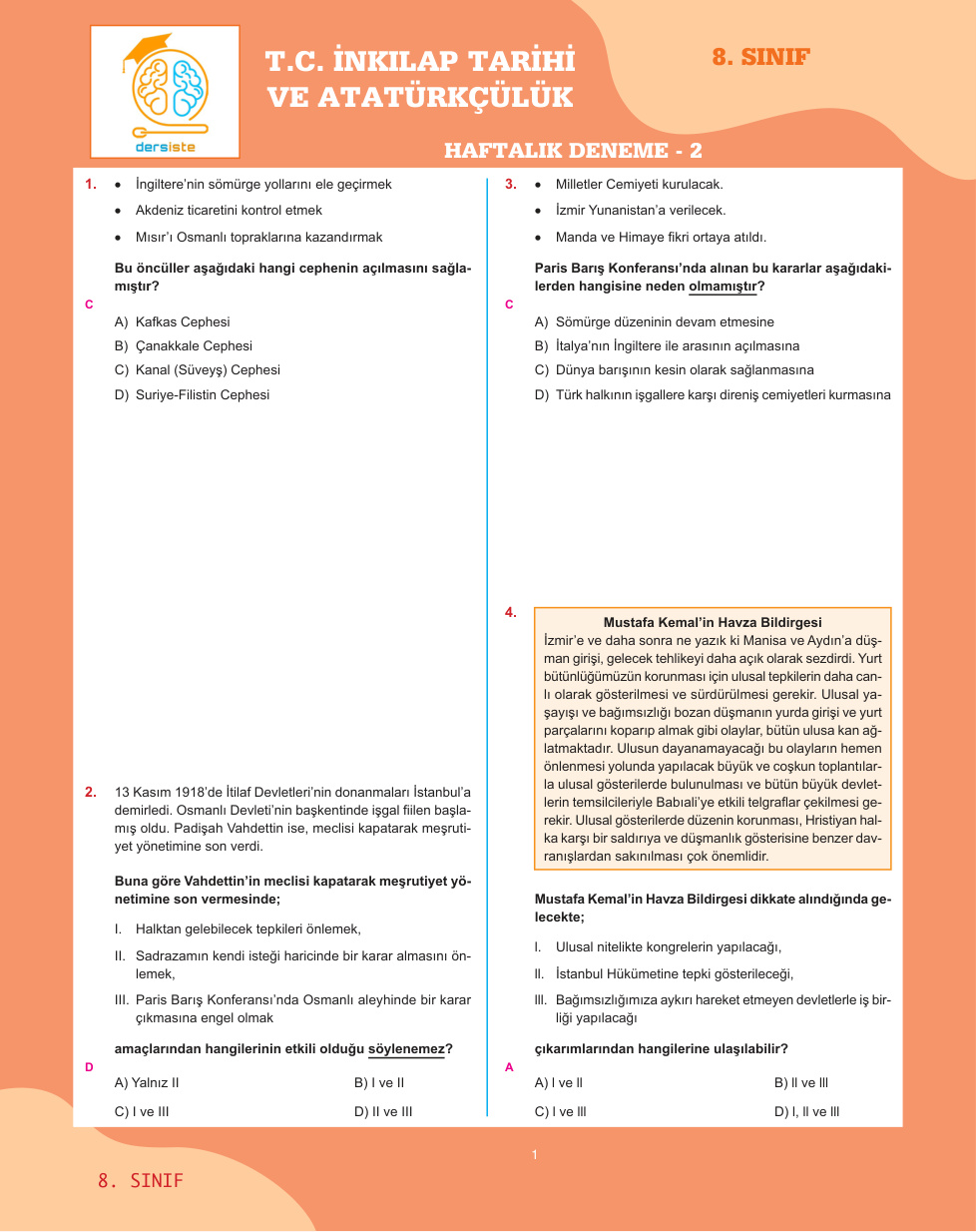 8. Sınıf Ders İşte Haftalık Deneme Sosyal Bilgiler 2 PDF İndir – Komisyon