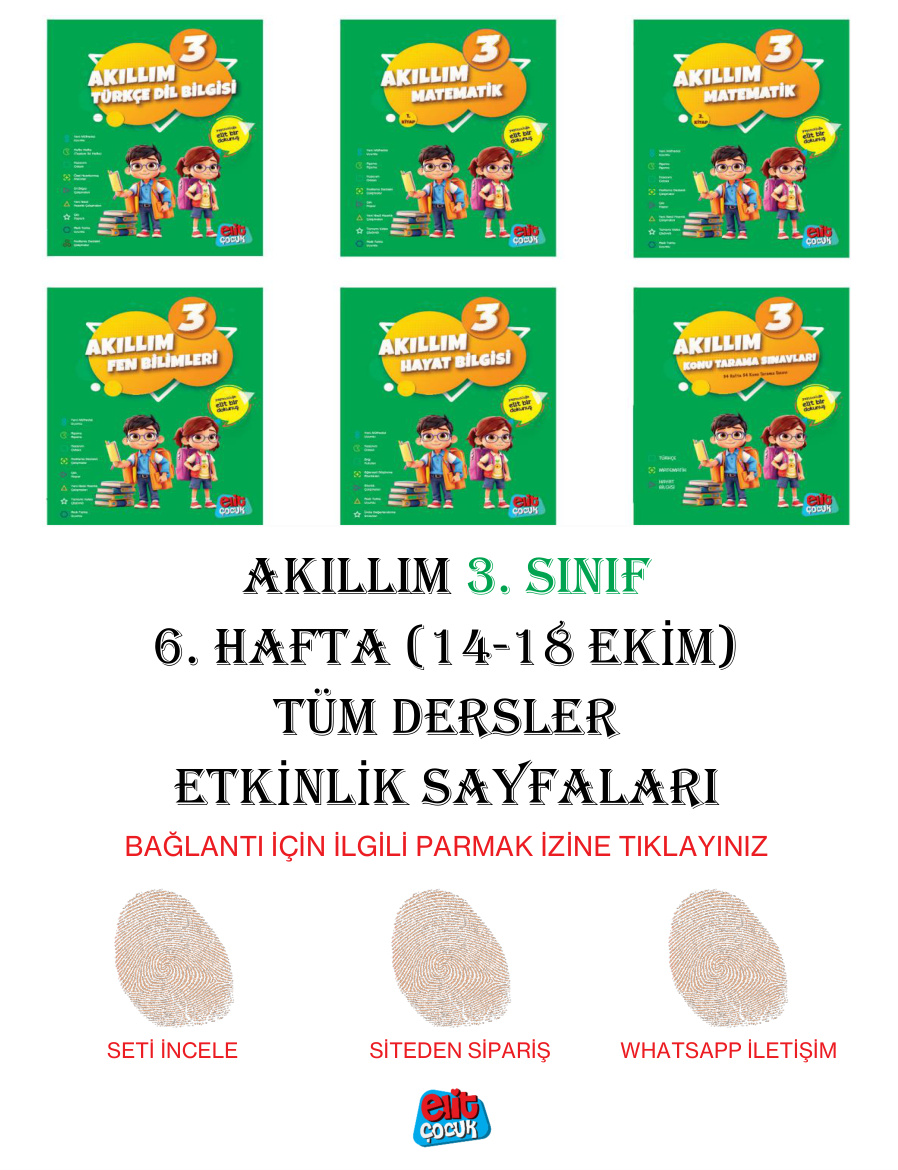Akıllım 3. Sınıf 6. Hafta (14-18 Ekim) Tüm Dersler Etkinlik Sayfaları PDF İndir – Komisyon