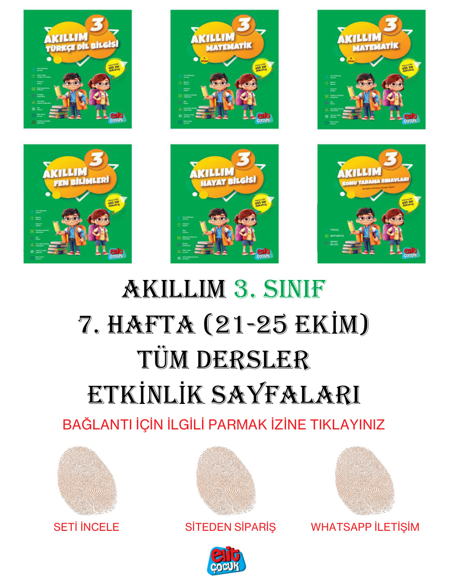 Akıllım 3. Sınıf 7. Hafta (21-25 Ekim) Tüm Dersler Etkinlik Sayfaları PDF İndir – Komisyon