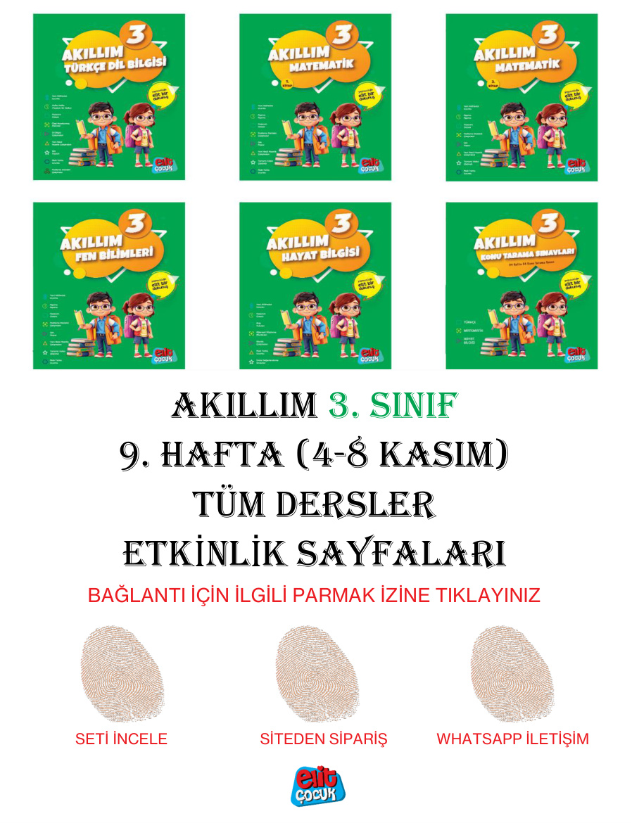 Akıllım 3. Sınıf 9. Hafta (4-8 Kasım) Tüm Dersler Etkinlik Sayfaları PDF İndir – Komisyon