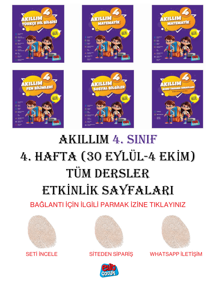 Akıllım 4. Sınıf 4. Hafta (30 Eylül-4 Ekim) Tüm Dersler Etkinlik Sayfaları PDF İndir – Komisyon