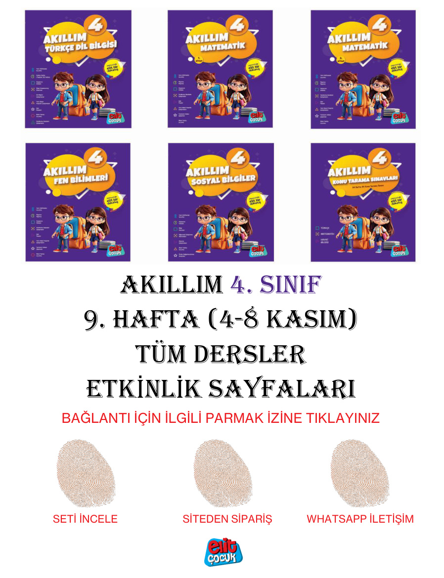 Akıllım 4. Sınıf 9. Hafta (4-8 Kasım) Tüm Dersler Etkinlik Sayfaları PDF İndir – Komisyon