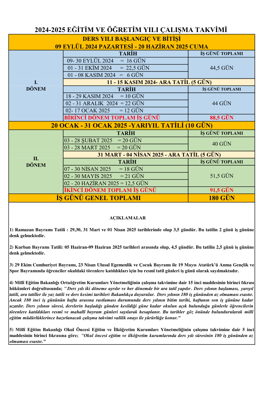 Çalışma Takvimi PDF İndir