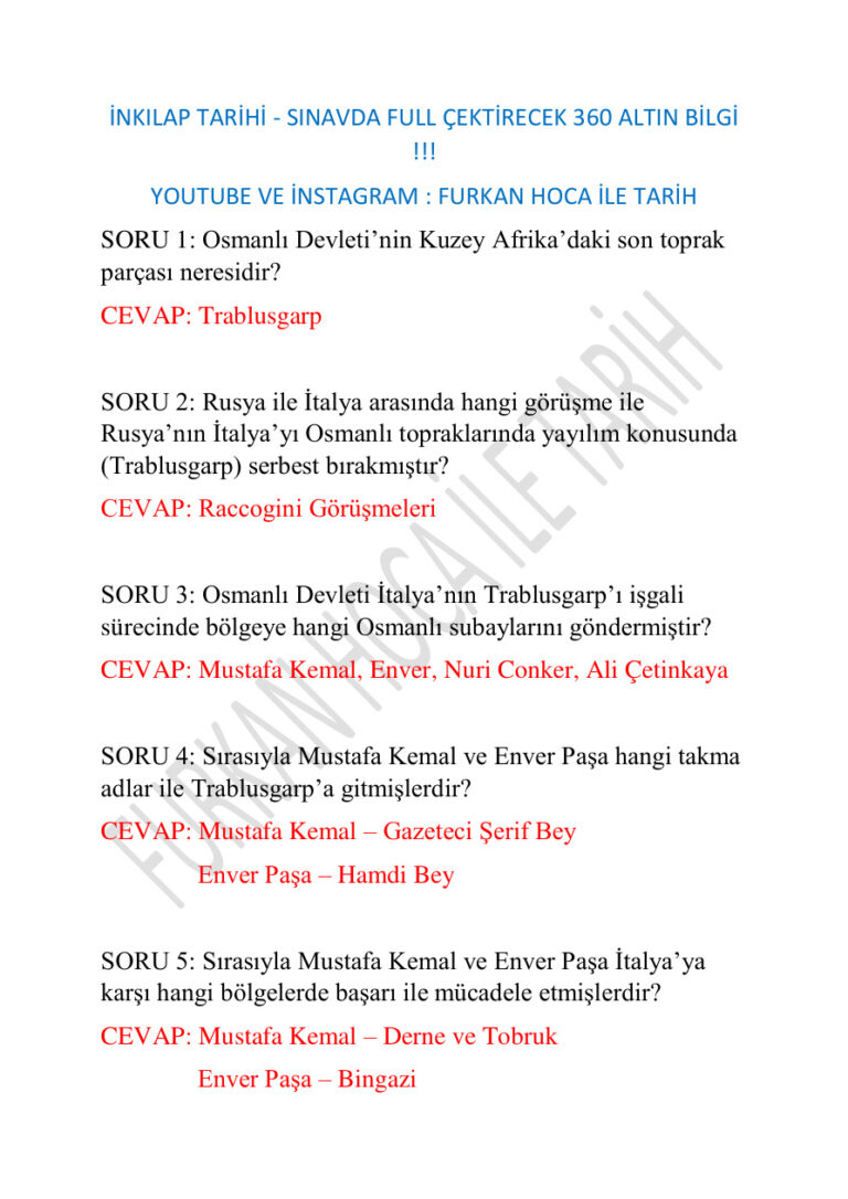 İNKILAP TARİHİ GENEL TEKRAR 360 ADET SORU Kitap Kapağı