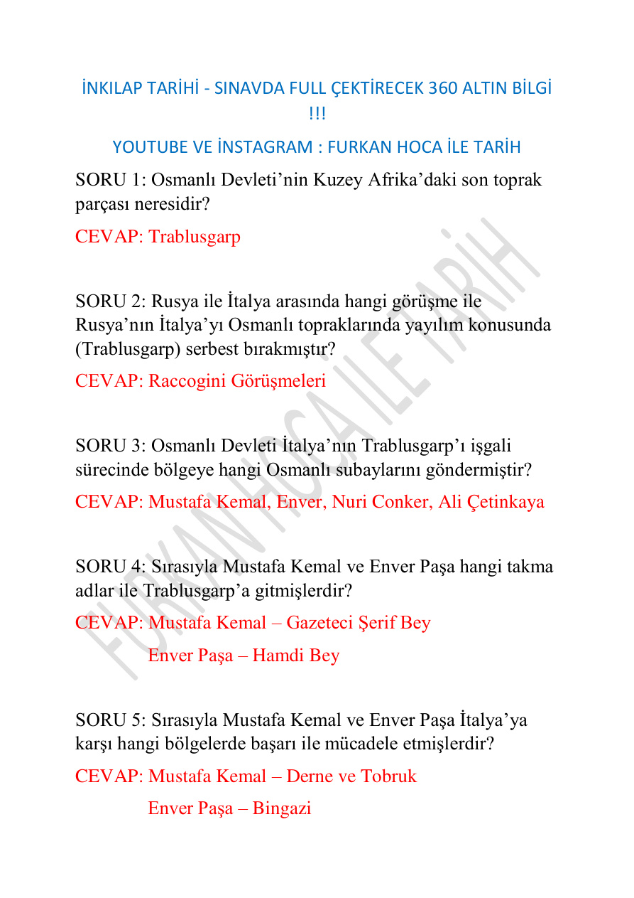 İnkılap Tarihi Genel Tekrar 360 Adet Soru PDF İndir