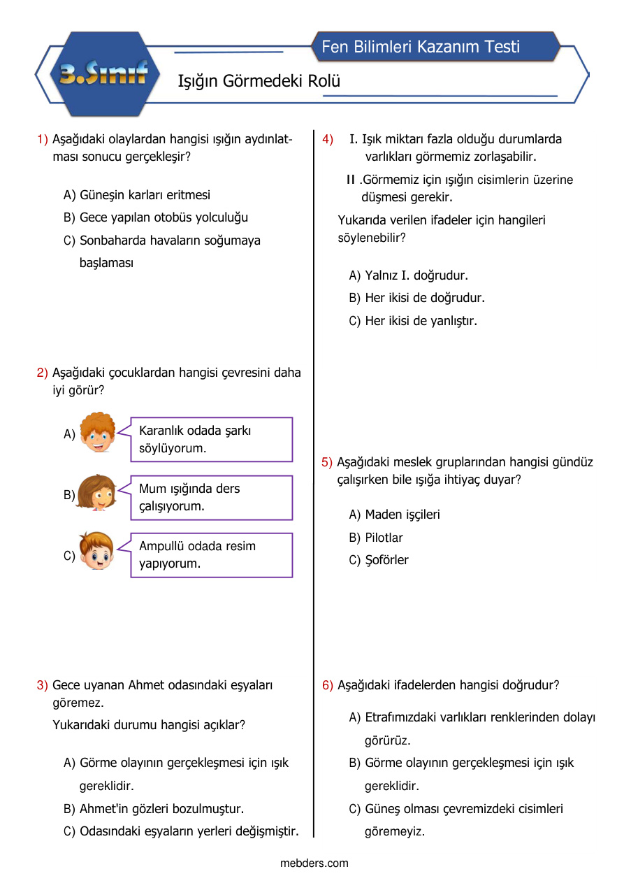 Işığın Görmedeki Rolü Kazanım Testi PDF İndir – Komisyon