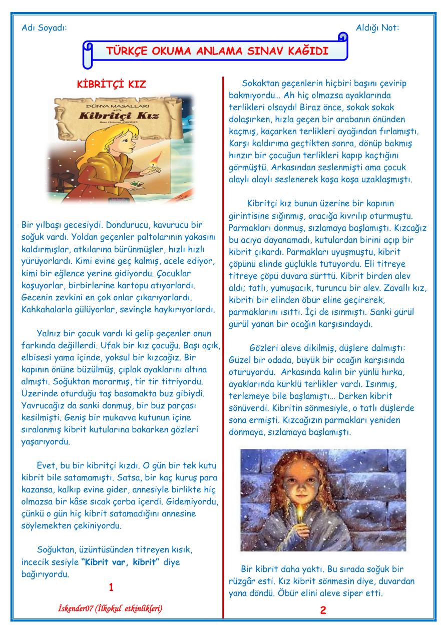 Kibritçi Kız Masalı Okuma Anlama Sınavı PDF İndir – Komisyon