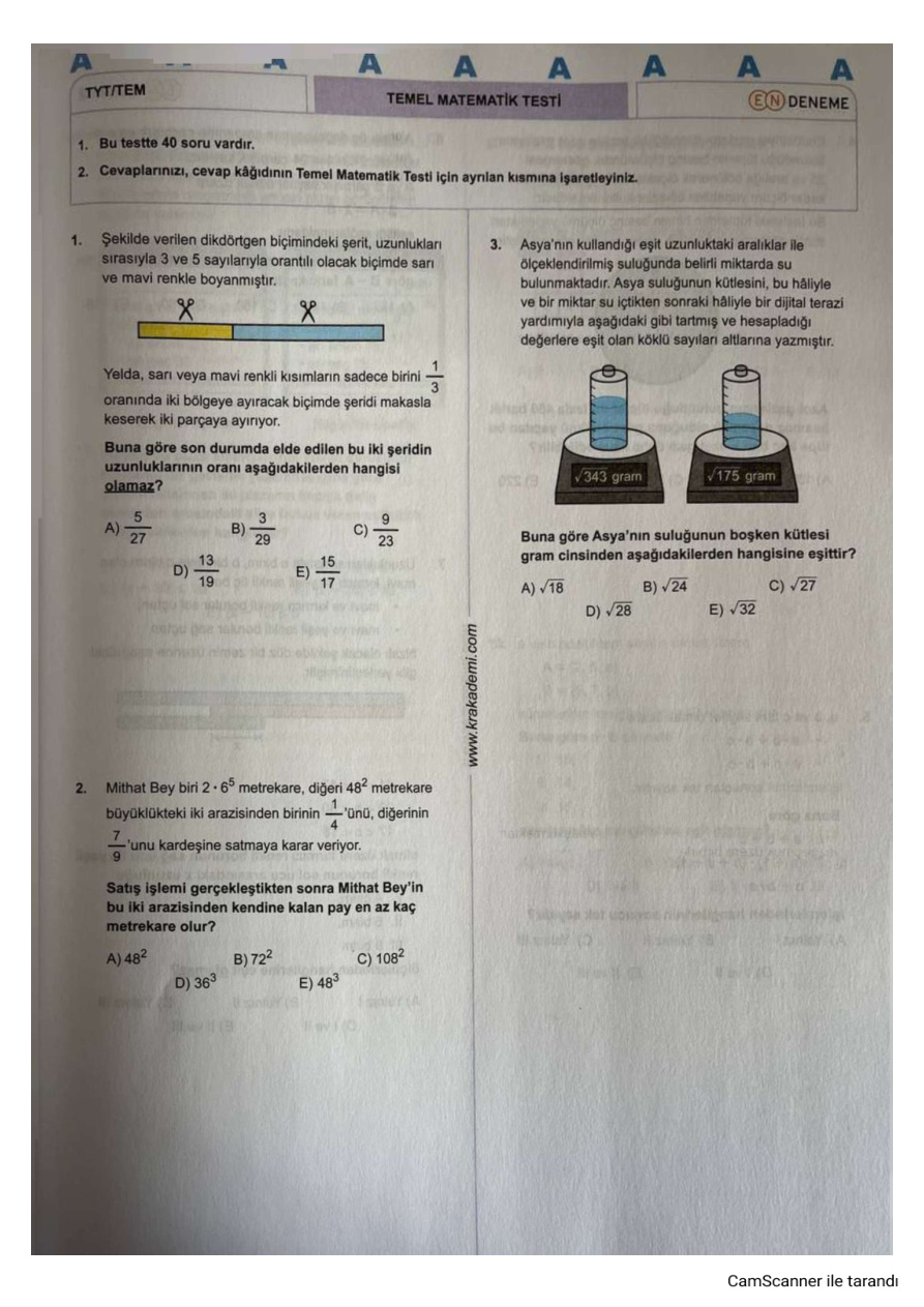 KR TG TYT MATEMATİK SORULARI PDF İndir – Komisyon