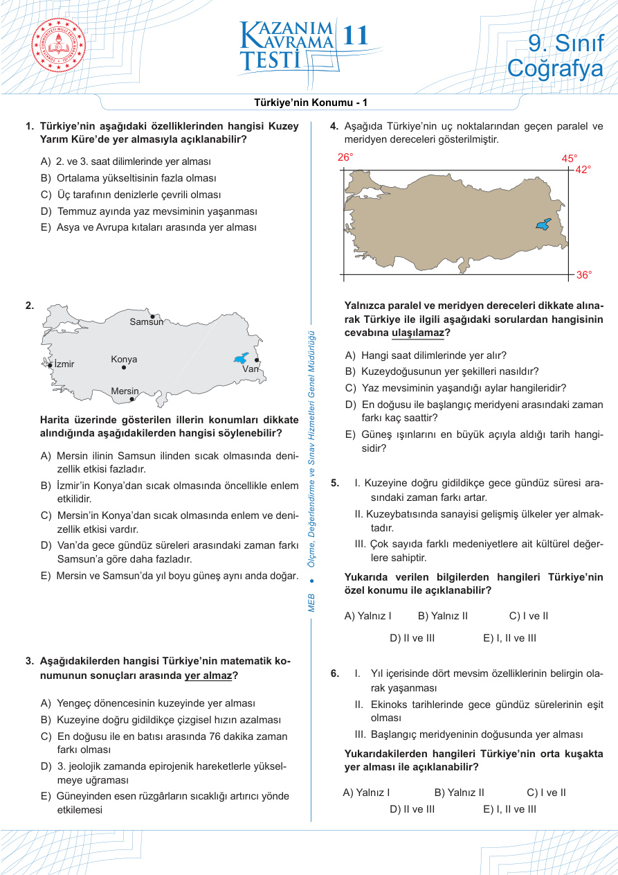 MEB Kazanım Kavrama Testi Coğrafya PDF İndir