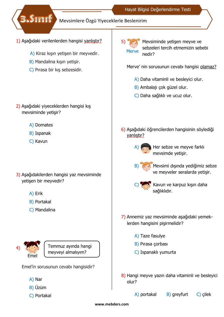 Mevsimlere Özgü Yiyeceklerle Beslenirim Kazanım Testi PDF İndir – Komisyon