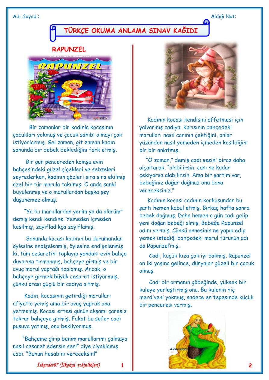 Rapunzel Masalı Okuma Anlama Sınavı PDF İndir – Komisyon