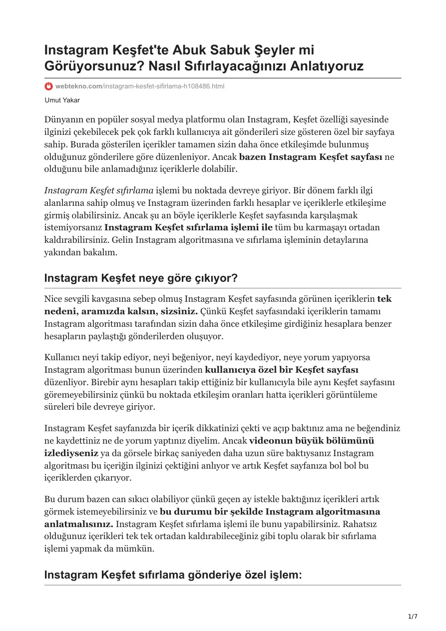 Instagram Keşfet Sıfırlama PDF İndir