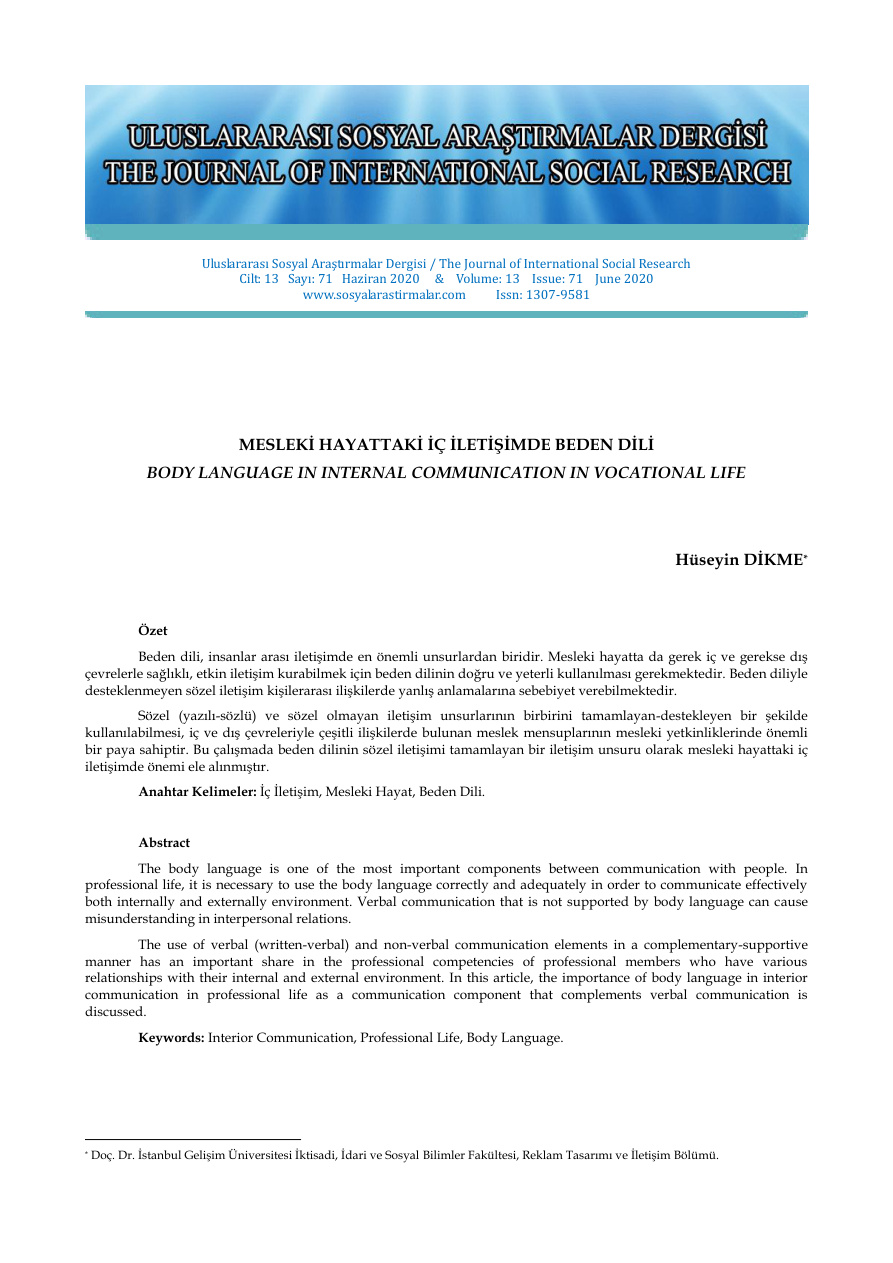 Mesleki Hayattaki İç İletişimde Beden Dili PDF İndir