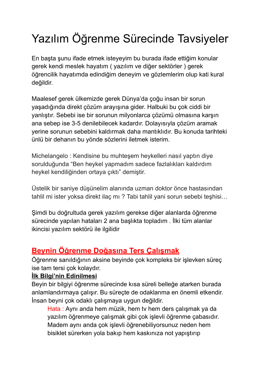 Yazılım Öğrenme Sürecine Tavsiyeler PDF İndir