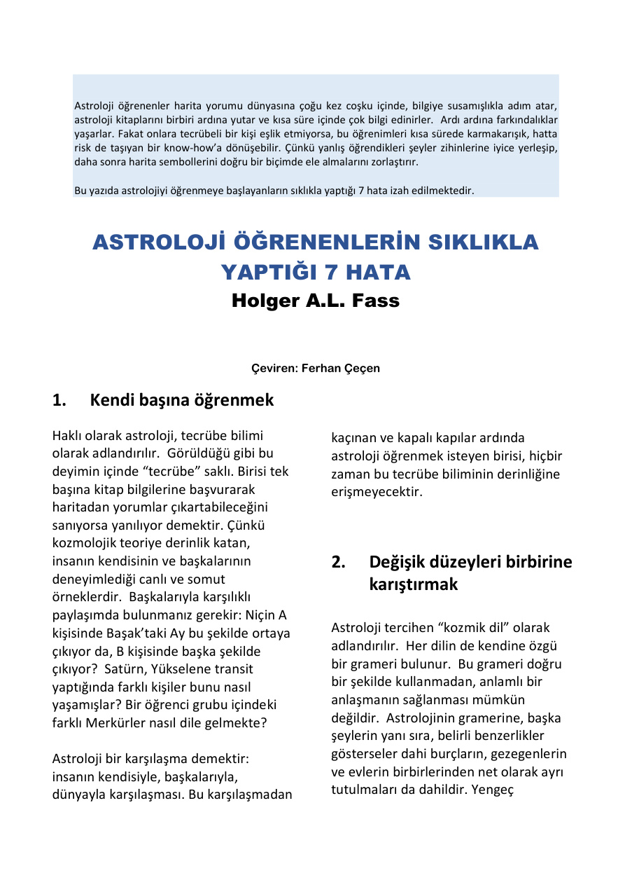 Astroloji Öğrenenlerin Yaptığı 7 Hata PDF İndir – Holger A. L. Fass