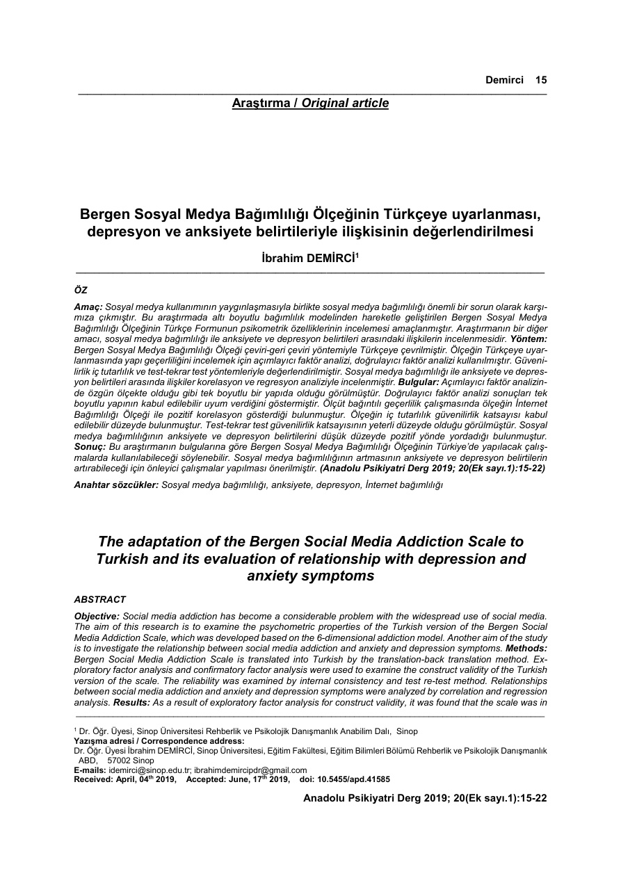 Bergen: Sosyal Medya Bağımlılığı Ölçeğinin Türkçeye Uyarlanması PDF İndir