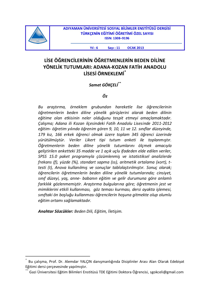 Lise Öğrencilerinin Öğretmenlerin Beden Diline Yönelik Tutumları PDF İndir
