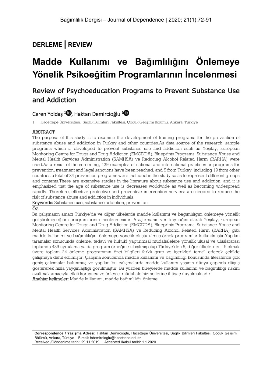 Madde Kullanımı ve Bağımlılığını Önlemeye Yönelik Psiko-Eğitim PDF İndir