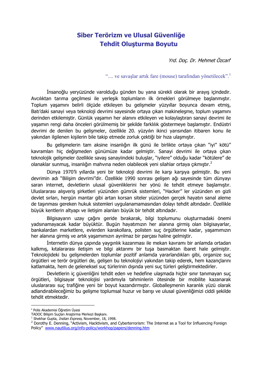 Siber Terörizm ve Ulusal Güvenliğe Tehdit Oluşturma Boyutu PDF İndir – Mehmet