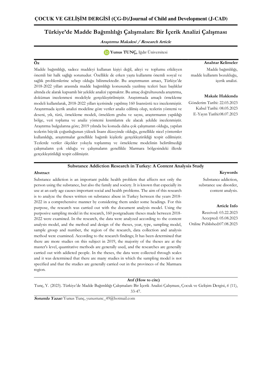 Türkiye'de Madde Bağımlılığı Çalışmaları: Bir İçerik Analizi PDF İndir - Bilinmiyor 1 Türkiye'de Madde Bağımlılığı Çalışmaları: Bir İçerik Analizi PDF İndir