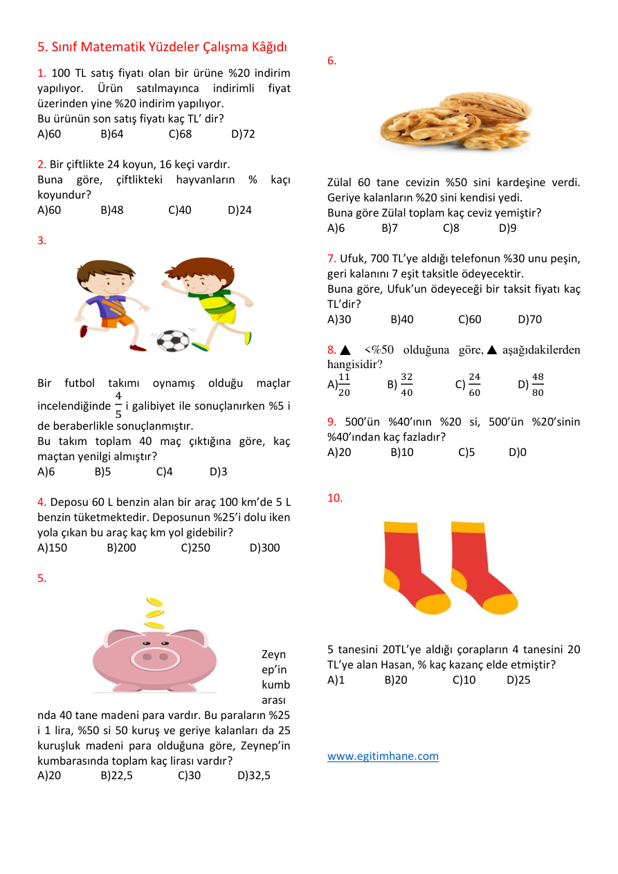 Yüzdeler Alıştırma Kağıdı 1 PDF İndir – Komisyon